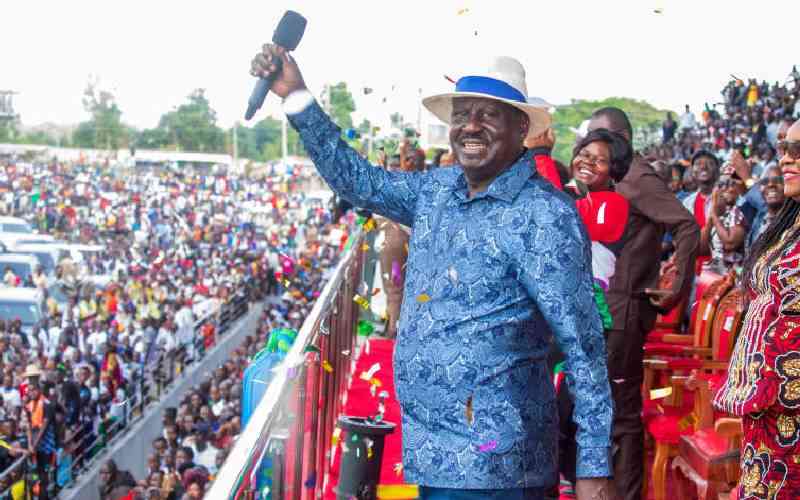 Azimio leader Raila Odinga at the official opening of Homabay Stadium.COURTESY